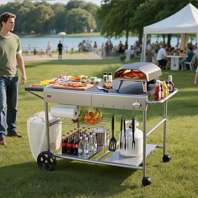 VEVOR Outdoor Grill Cart, 36.4 x 23.4 x 1 inch Tabletop Size Grilling Table, Movable Outdoor Cooking Table with 4 Spice Containers, Wheels, Lids, Hooks, BBQ Prep Tables for Picnic, Kitchen, Courtyard