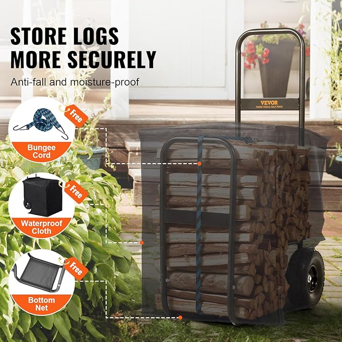 VEVOR Firewood Cart, 250 lbs Capacity, Black Heavy Duty Steel Dolly Hauler with PU Wheels & Waterproof Cover, Outdoor and Indoor Wood Rack Storage Mover, Firewood Carrier for Fireplace, Fire Pit