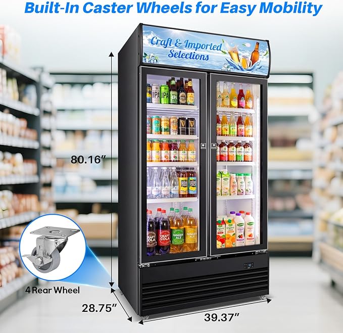 Commercial Display Beverage Fridge, 40″ Double Glass Door Refrigerator, 28.1 Cu.Ft Large Capacity with 8 Adjustable Shelves, Upright Cooler for Shop, Bar & Restaurant