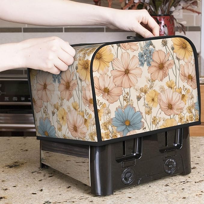 4 Slice Toaster Cover for Kitchen Flower Vintage Botanical Waterproof and Dustproof Toaster Dust Cover with Side Pockets Decorative Universal Cover for Wide Slot Toasters and Small Appliances