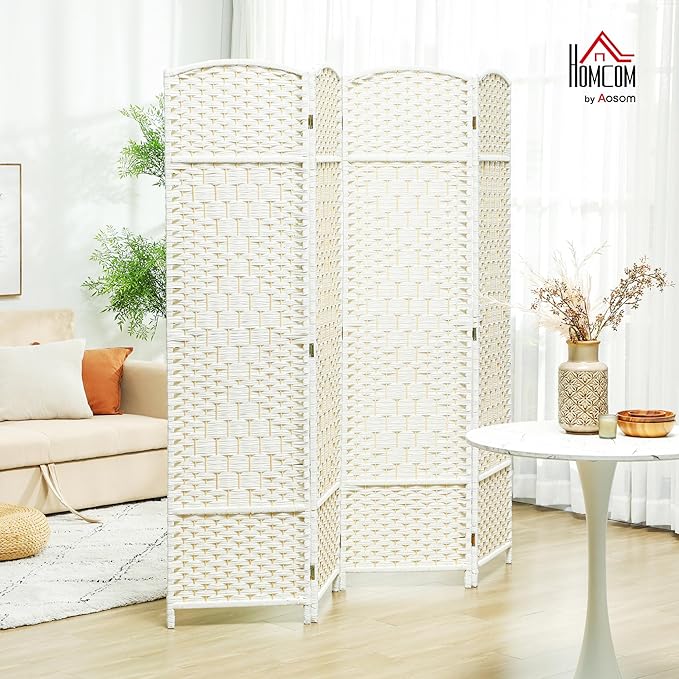 HOMCOM 4 Panel Room Divider, 6' Tall Folding Privacy Screen, Woven Freestanding Wall Partition for Home Office, Bedroom, White