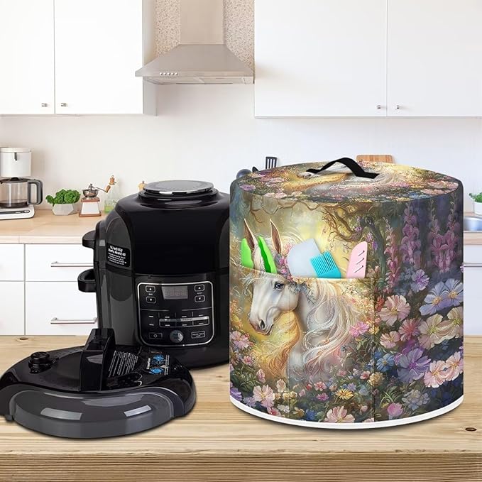 TODIYADDU White Horse Floral Pressure Cooker Cover with Pocket Novelty Air Fryer Cover Dust Cover Insulated Kitchen Appliance Cover Protector for Pressure Cooker Instant Pot Accessories Presents, L