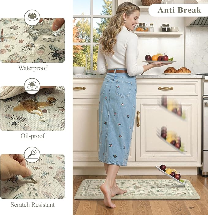 LEEVAN Anti Fatigue Mats for Kitchen Floor Non-Slip, Cushioned Kitchen Mats for Floor 20''x31''+20''x47'', Tan Memory Foam Kitchen Mat Sets
