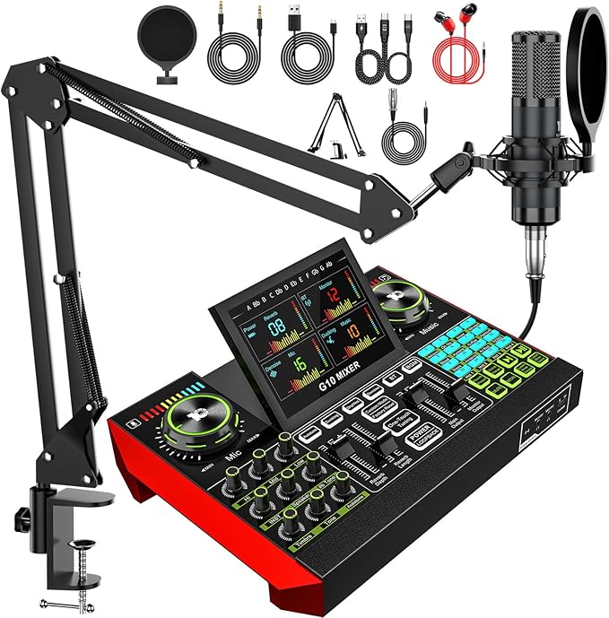 tenlamp Podcast Microphone Bundle with Live Sound Board Audio Mixer, Podcast Equipment Bundle with 3.5mm Boom Mic(P15) for Pc/Phone Live Streaming Singing Gaming, Voice Changer, Denoise