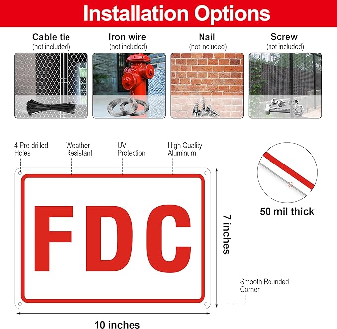 FDC Sign, 2 Pack Outdoor Aluminum Metal Sign, FDC Signs for Fire Department Connection, UV Protected Weather Resistant and Easy to Install (White Color, 10 x 7 inches)