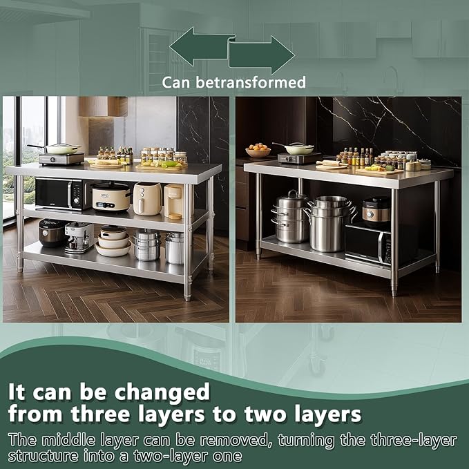 Stainless Steel Table with Wheels for Food Preparation and Work, Multi-Size Optional, Three-Layer Variable Two-Layer Metal Commercial Workbench Outdoor, Restaurant, Kitchen (36" Lx32 Wx34 H)