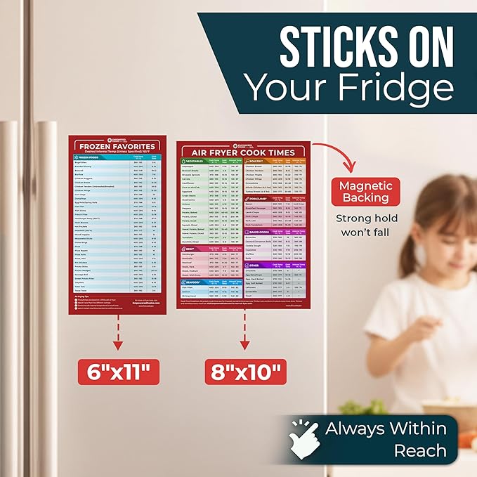 Cathy Yoder's Air Fryer Cheat Sheet Set, Air Fryer Accessories, AirFryer Cooking Guide Magnetic Cheat Sheet, AirFryer Cook Times Chart Magnet, Internal Food Temp for 80+ Popular Foods - Red
