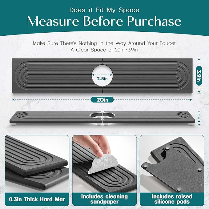 Diatomite Stone Sink Candy - Instant Dry Stone Sink Tray around Faucet, Prevents Moisture Buildup - Faucet Splash Guard for Bathroom Counter (Dark Grey, 20" x 3.9")