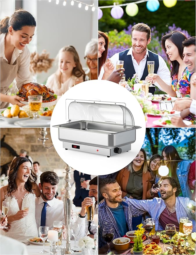 Chafing Dish Electric Buffet Set,9 QT Stainless Steel Food Servers and Warmers with Temperature Control for Wedding and Parties