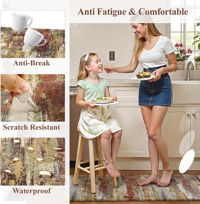 Collive Anti Fatigue Mats for Kitchen Floor, Abstract Cushioned Non Slip Kitchens Rugs Sets of 2 Waterproof, Red Comfort Foam Standing Mat for Sink, Laundry, Home Office, 17"x47"+17"x29"