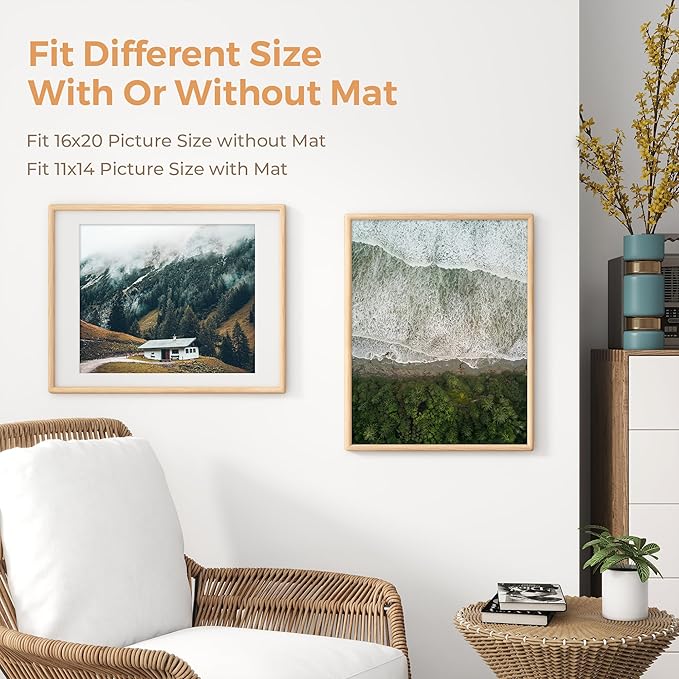 Axeman 16x20 Oak Frame - Rounded Corner 16 x 20 Picture Frame Matted to 11x14 - Natural Oak Wood Photo Frame with Tempered Glass for Wall Mount Display
