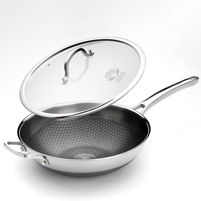 Hybrid Wok Pan, Nonstick, PFOA Free 12 Inch Induction Wok With Lid, Dishwasher Safe Cooking Pan For All Cooktops, Stainless Steel Cookware, Woks & Stir-Fry Pans, Bonus Bamboo Dish Brush