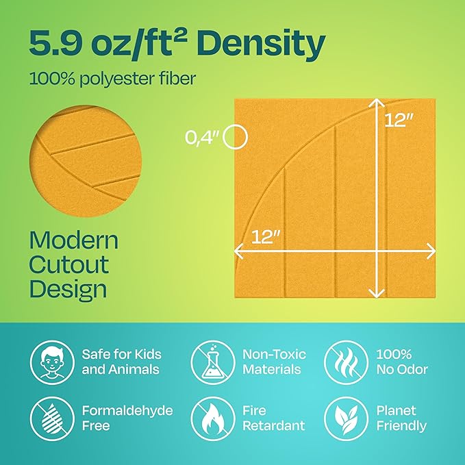Acoustic Panels 12-Pack Soundproof Wall Panels 12"x12"x0.4" Decorative Sound Dampening for Your Home, Office, Studio, Bedroom & More with Unique ModuArc Carving [Yellow Orange Gold]