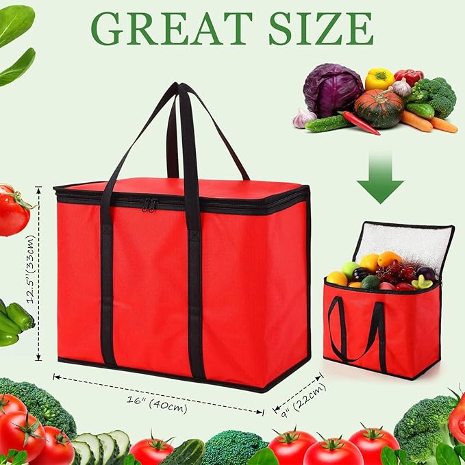 Kenning 15 Pcs Large Insulated Reusable Grocery Bags with Sturdy Zipper and Handles Foldable Washable Cooler Totes Heavy Duty Hot or Cold Food Delivery Bag for Food Transport Travel Lunch (Red Black)