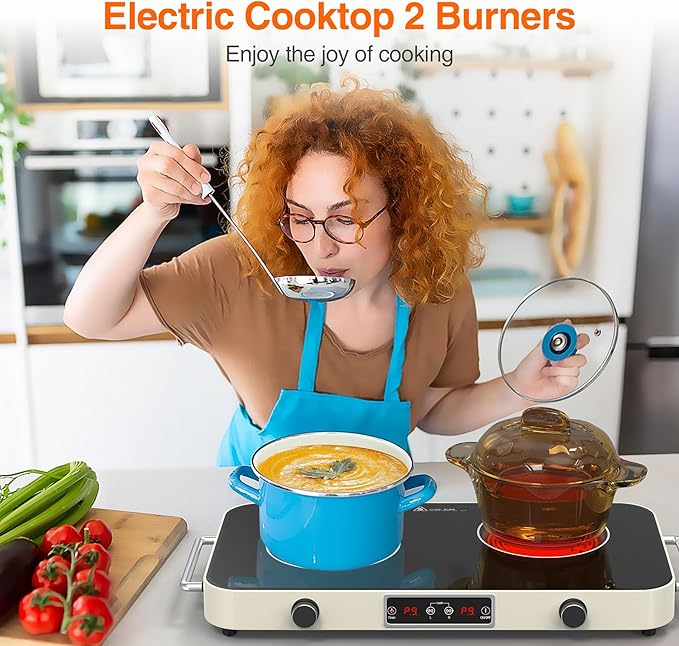 Electric Cooktop, 2200W 110V Electric burner, Electric Stove Top with 2 Handle, 2 Burner Electric Cooktop with 9 Power Settings,Knob Control Child Safety Lock & Timer.