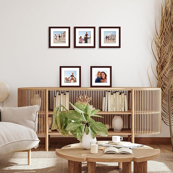 Americanflat 9x9 Picture Frame with Polished Plexiglass - Set of 5 - Use as 6x6 Frame with Mat or Display 9x9 Photo Without Mat - Galleria Collection - Square Frames for Tabletop and Wall - Mahogany