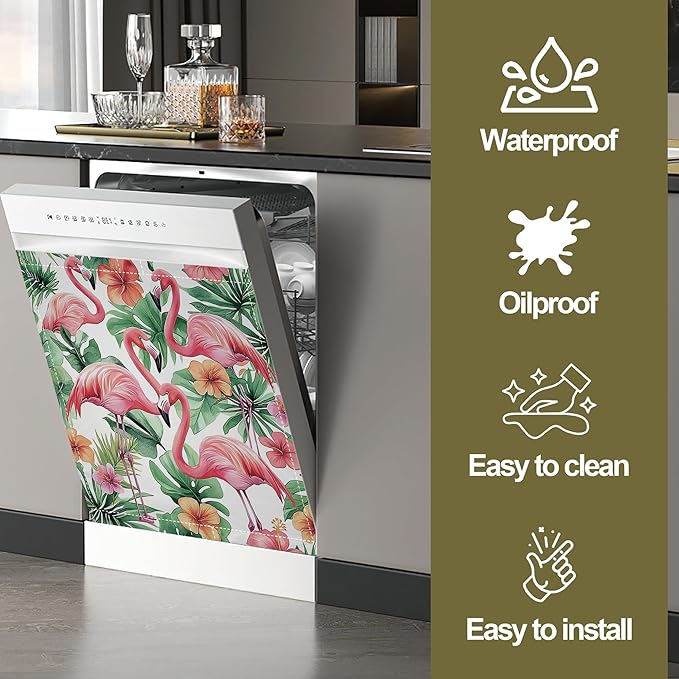 Pink Flamingo Magnetic Dishwasher Cover,Floral Plam Dishwasher Covers for The Front Magnetic Dishwasher Panel Decal Cover for Kitchen 23x26inch