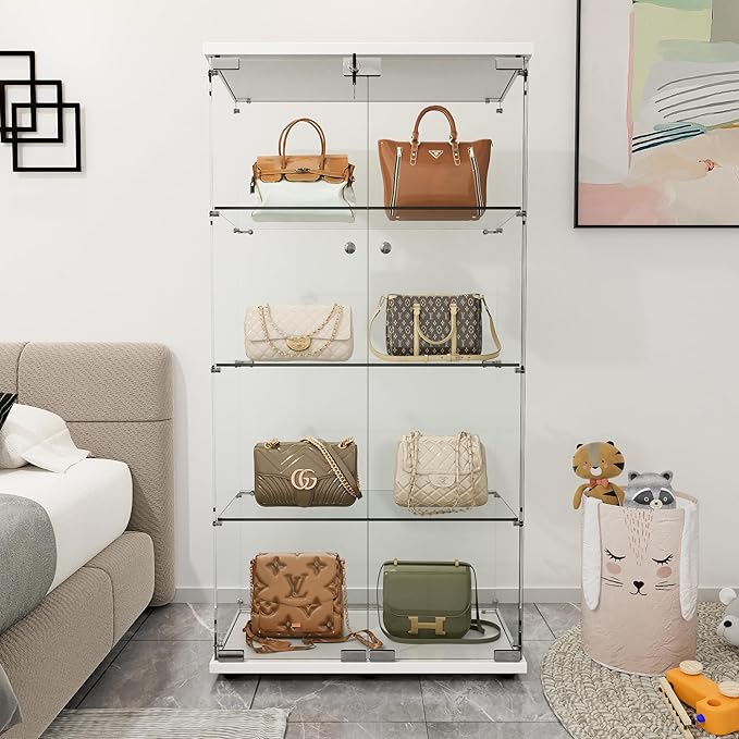 Yoluckea 4 Shelves Glass Display Cabinet with 2 Doors, Floor Standing Clear Glass Curio Cabinet Collection Display Case for Living Room Bedroom 64.56” x 31.69” x 14.37” White