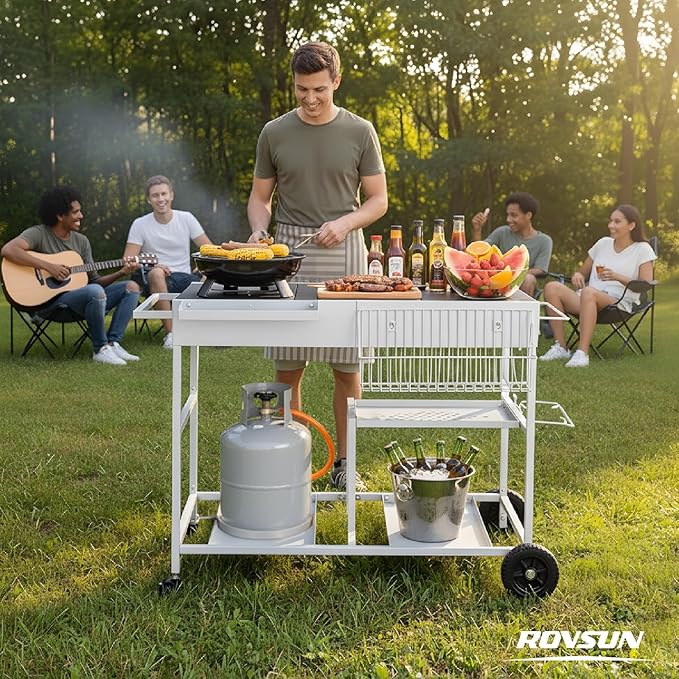 ROVSUN Pizza Oven Grill Table Cart, Movable Food Prep Cart with Pizza Topping Station, Seasoning Shelf, Gas Bottle Space, Outdoor Table Stand for Griddle, Patio, Home, Parties