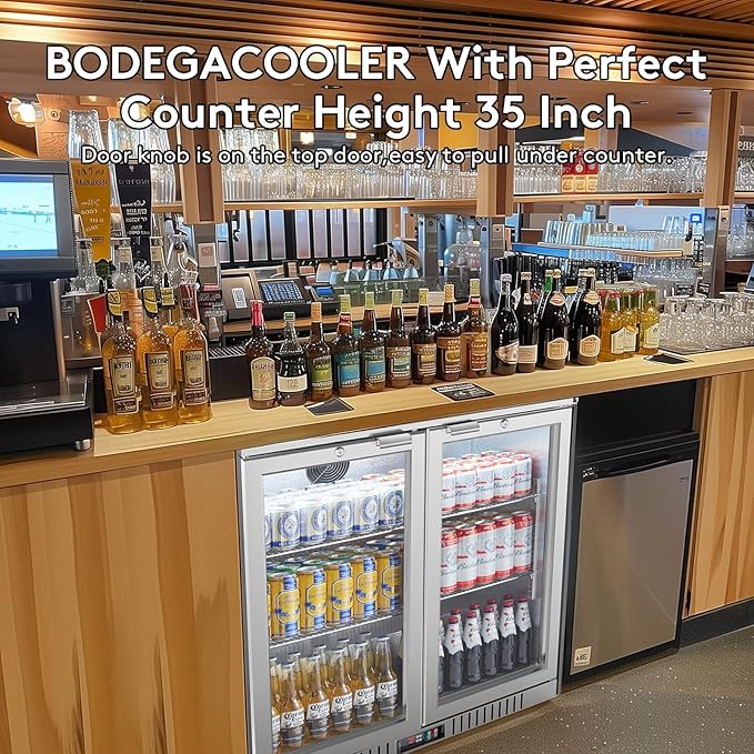 BODEGA BODEGACOOLER Back Bar Cooler With 2 Glass Doors,7.4 Cu.Ft Stainless Steel Commercial Back Bar Fridgewith LED Lighting,Counter Height Bar Beverage Cooler for Beer,Soda Drinks,Wine