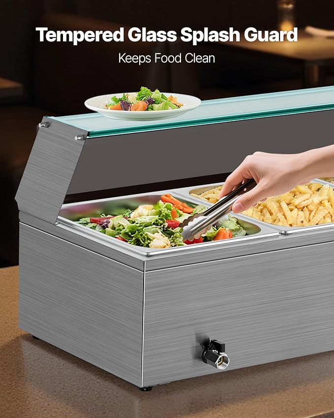 VEVOR Commercial Food Warmer, 1500W Electric Stainless Steel Steam Food Warmer with Glass Cover, 3-Pan Countertop Buffet Bain Marie with Soup & Perforated Ladles, for Catering, Restaurant & Party