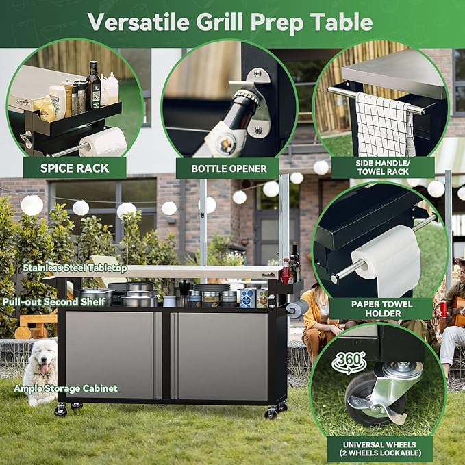Stanbroil Rolling Outdoor Kitchen Island, BBQ Grill Cart with Stainless Steel Table Top, Double-Door Storage Cabinet & Pull-Out Shelf, Grill Table Cart for Outdoor Indoor, Large