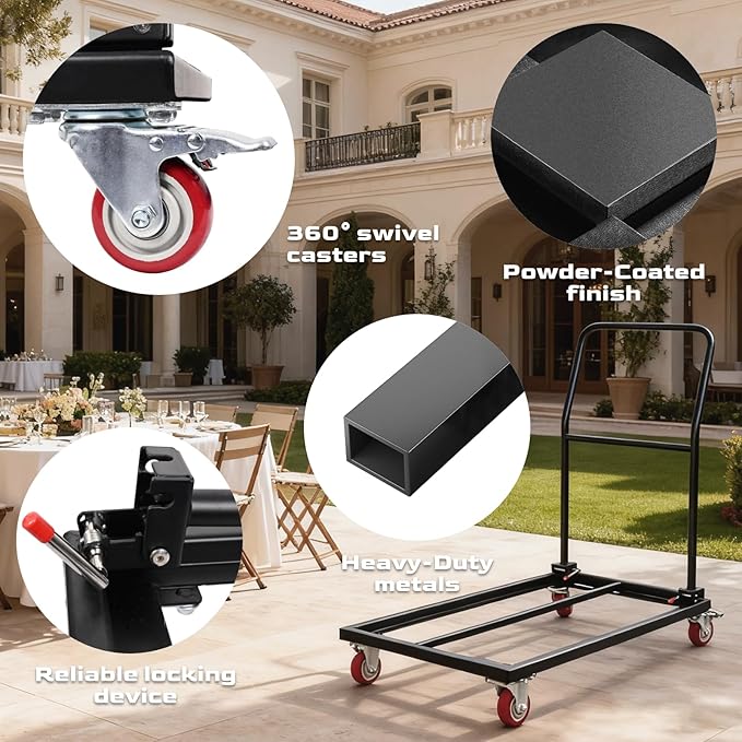 Folding Chair Dolly Cart for 25 Chairs, L-Shape Flat Stacking Chair Cart with 4 Casters, Heavy-Duty Foldable Chairs Rack, 1500lbs Capacity, for Resin, Wood, Plastic Chairs, Black