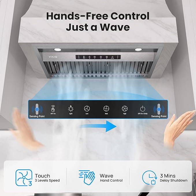 Range Hood Insert 30 Inch,Built-in Kitchen Hood with 980 CFM, Ducted/Ductless Convertible Duct,Stainless Steel Kitchen Vent Hood/Gesture/Touch Control, 2 Pcs Baffle Filters with Handlebar