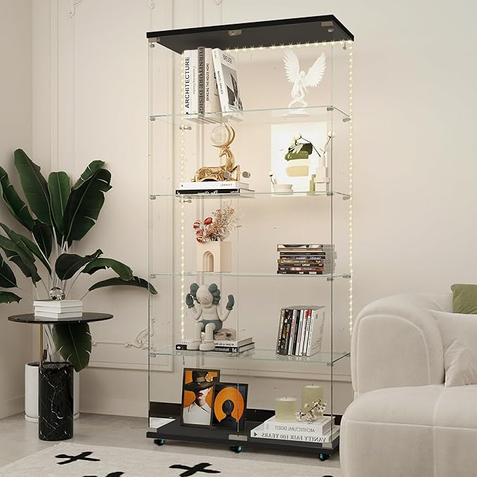 Glass Display Cabinet with LED Light Strip, 5 Shelves with 2 Doors, Curio Storage Cabinets with Lock & Caster for Living Room, Office, Floor Standing Glass Bookshelf, Quick Installation - Black