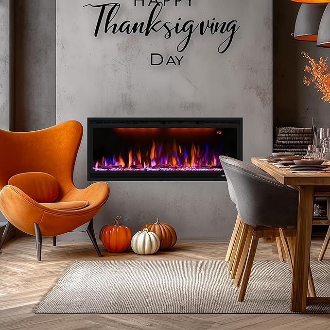 42 inch Smart Electric Fireplace with App Control, Wall Mount & in Wall recessed Fireplace Inserts, Multicolor Flame w/Realistic Log &Crystals, Overheating Protection and Timer, 750W/1500W, Black
