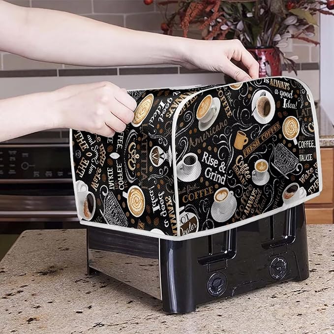 Cafe Coffee Print Toaster Cover 4 Slice Waterproof Appliance Cover with Handle Loop Kitchen Bread Baker Toaster Covers for Small Appliance