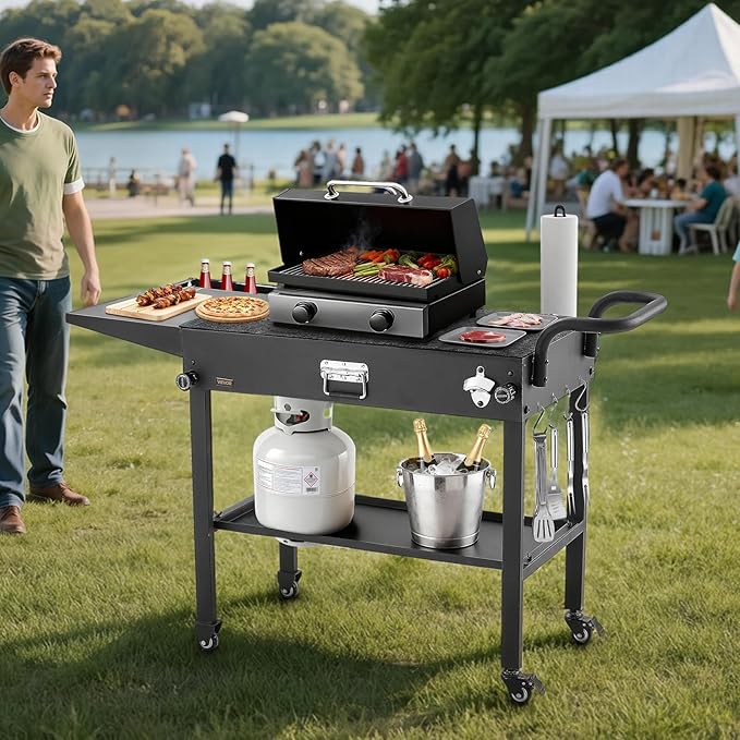 VEVOR Outdoor Grill Cart, 31.0 x 17.0 inch Tabletop Size Grilling Table, Foldable Outdoor Cooking Table with Tissue Holder, Hooks, Wheels, Side Table, BBQ Prep Tables for Picnic, Kitchen, Courtyard