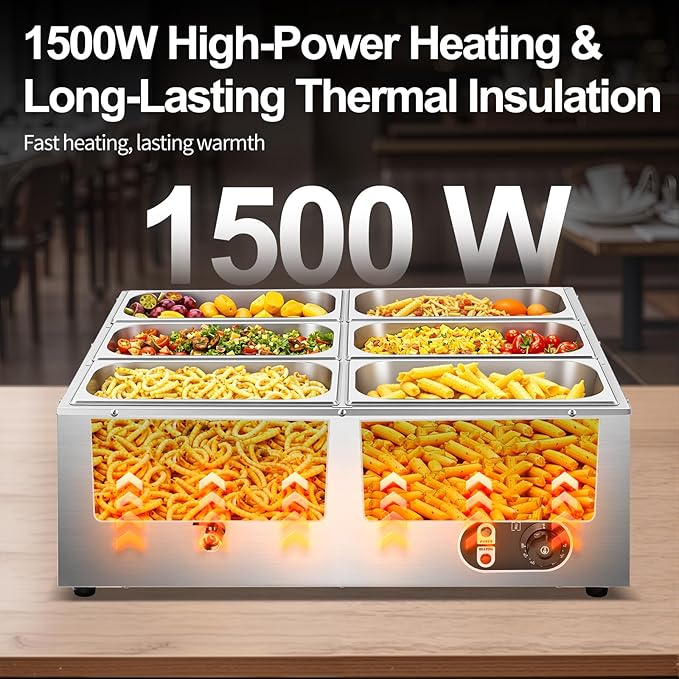 Commercial Food Warmer 48 Qt Stainless Steel Steam Table Countertop Buffet Warmer, 6-Pan 1500W Electric Bain Marie Food Warmer with Adjustable Temperature for Restaurants, Catering, Hotels
