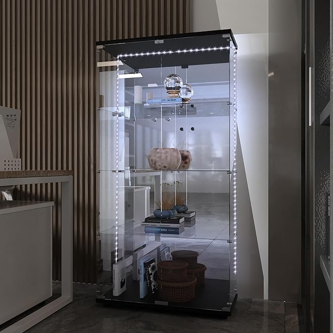 Yoluckea 4 Tiers Glass Display Cabinet with Bluetooth LED Light Strip, 2 Doors Floor Standing Curio Cabinet with Adjustable Feet and Mirror Back Panel, Black Glass Bookshelf for Collections, Wood Top