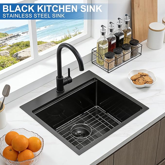 Scamall 21x20x10 Drop In Kitchen Sink Workstation, Nano Black 304 Stainless Steel Deep Single Bowl with Quick Drainage & Tarnish-Free Surface for Bar, Laundry, RV, Includes Accessories