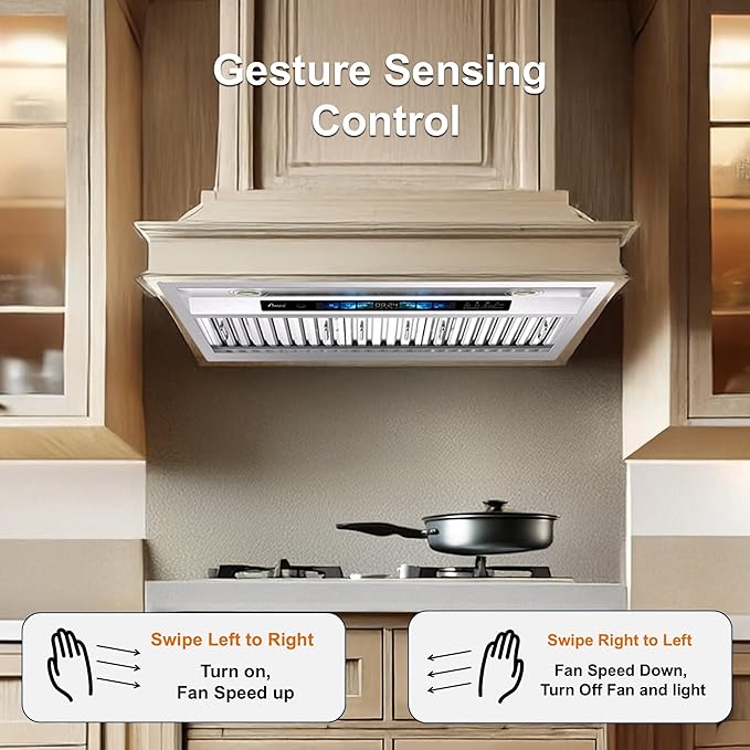 Awoco Range Hood Insert 30 Inch, Built-in Kitchen Hood with 800 CFM, Voice/Gesture/Touch Control, Stainless Steel Stove Hood with 4 Speed Exhaust Fan, Ducted, Ductless Convertible, Charcoal Filter