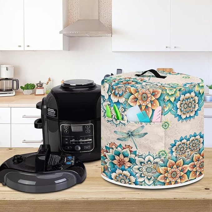 Xoenoiee Boho Mandala Floral Dragonfly Print Kitchen Appliance Dust Cover with Pockets, Electric Pressure Cooker Cover Compatible with Rice Cooker Cover Air Fryer Cover, for 3 Qt Pot