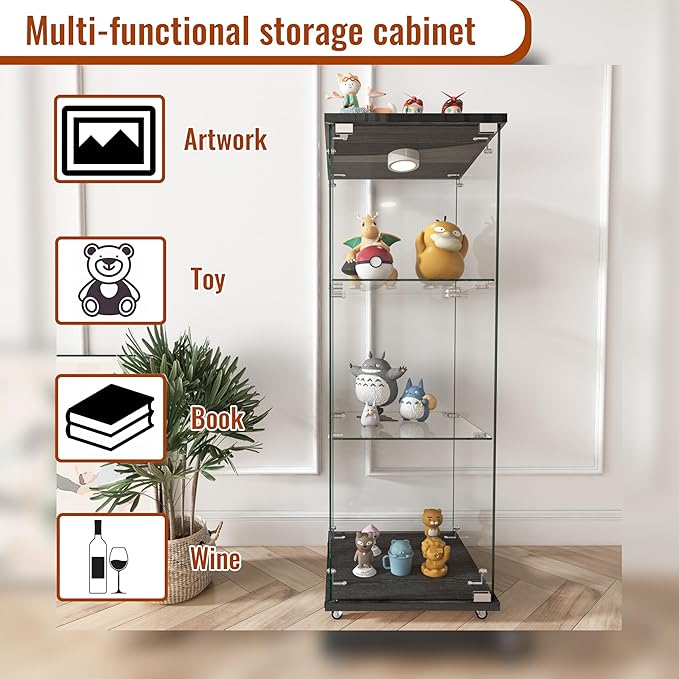 Yoluckea 3-Shelf Glass Display Cabinet with LED Lights, 1-Door Floor Standing Curio Cabinet with Universal Wheel for Home or Office, Black Glass Bookshelf for Collections, Decor, and Corner Display