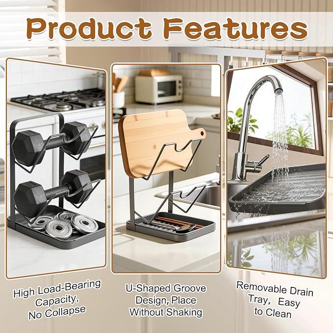 Kitchen Pot Lid Storage Rack, Pot Lid Holder With Tray, Multifunctional Double-layer Kitchen Organizer Stand, Lid And Spoon Rest While Cooking for Stove Top (Gray)
