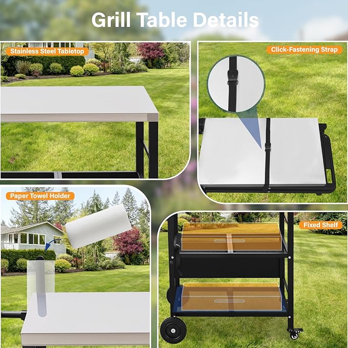 ROVSUN Stainless Steel Foldable Grill Table Cart, Outdoor Food Prep Rolling Cart with Wheels and Storage Shleves, Paper Towel Holder, Easy Movable Kitchen Island for Home, Patio, Pizza Oven