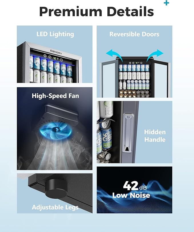 EUHOMY 4.5 Cu.ft Beverage Refrigerator and Cooler, 145 Can Mini fridge with Glass Door for Soda Beer Wine, Small Drink Dispenser with Digital Adjustable Thermostat for Home Office Bar