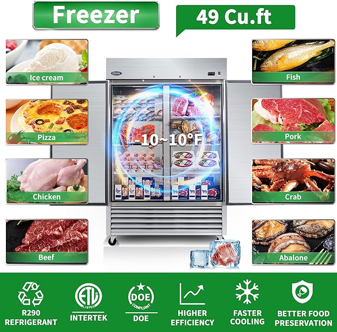 Commercial Freezer 54"W 2 door Stainless Steel Reach in Solid door Fan Cooling 49 Cu.ft Freezer Dynamic Cooling OmniSmart Temperature Control -10℉~10℉ Freezer for Restuarant, Bar, Shop, etc