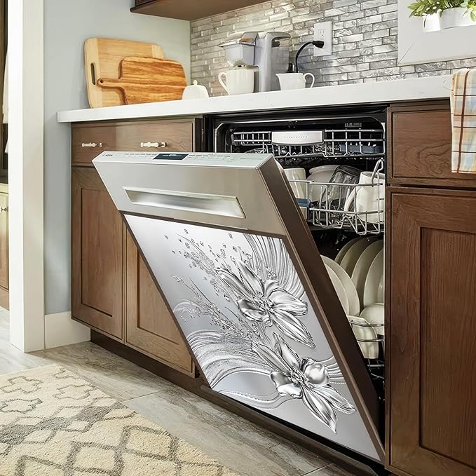 Flowers Dishwasher Magnet Cover 23x26 Inch Silver Floral Refrigerator Sticker Washer Kitchen Decor Floral Magnets Kitchen Decorative Sticker Refrigerator Magnets Decor Appliance Panel