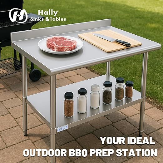 Hally Stainless Steel Table for Prep & Work 24 x 36 Inches, Commercial Heavy Duty Table with Undershelf and Backsplash for Restaurant, Home and Hotel
