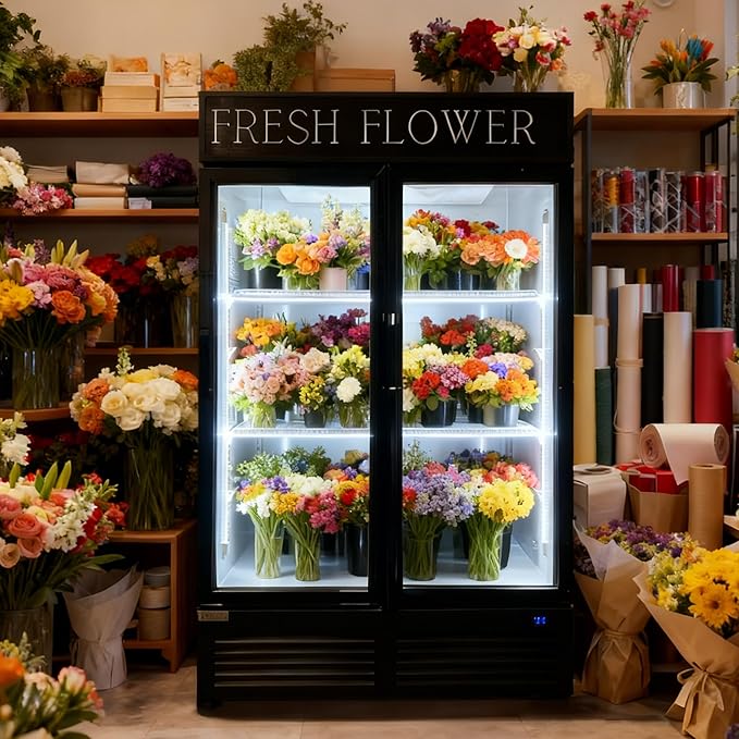 Commercial Flower Beverage Refrigerator Floral Display Fridge,Two Glass Door Drink Cooler with LED Light Adjustable Shelves,ETL Sanitation,43 Cu Ft,47" Wide,Wheels Included