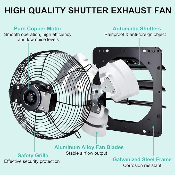 10 Inch Shutter Exhaust Fan for Greenhouse, Shed, Garage, Barn, Chicken Coop Ventilation, Wall Mount Attic Fan with Speed Controller and Power Cord, 820 CFM, Black