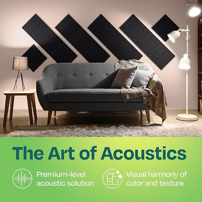 Acoustic Panels 12-Pack Soundproof Wall Panels 12"x12"x0.4" Decorative Sound Dampening for Your Home, Office, Studio, Bedroom & More with Unique GridFrame Carving [Deep Black]