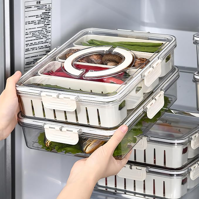Eanpet Divided Veggie Tray with Lid and Handle 4 Compartment Serving Tray Portable Travel Snack Storage Containers Stackable Snackle Box Charcuterie Container for Fruit,Vegetable,Salad
