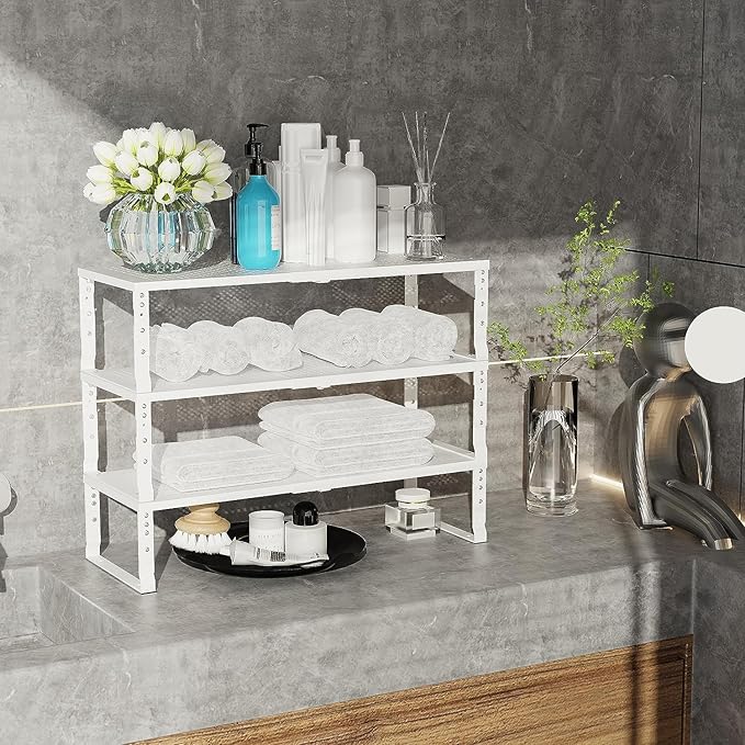 Expandable Cabinet Shelf Organizer Storage Spice Rack Shelves for Kitchen Stackable Adjustable Pantry Cupboard Bathroom Countertop Desktop(1Pack/White/Medium-with Hole)