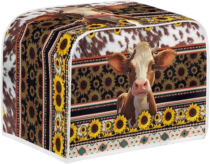 UNICEU Sunflower Cow 4 Slice Quilted Toaster Cover - Dust-proof Aztec Geometric Print Bread Maker Cover for Kitchen Small Appliances